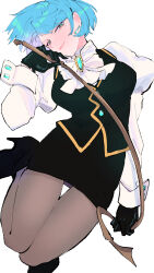 1girl ace_attorney black_gloves black_skirt black_vest blue_eyes bow bowtie brown_pantyhose chanramu earrings formal_clothes franziska_von_karma gloves highres jewelry pantyhose pencil_skirt shirt skirt solo solo_focus vest whip white_background white_bow white_bowtie white_shirt