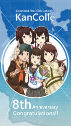 5girls akagi_(kancolle) anniversary black_hair black_sailor_collar black_skirt bouquet brown_sailor_collar brown_serafuku brown_shirt brown_shorts flower fubuki_(kancolle) fubuki_kai_ni_(kancolle) highres index_finger_raised ise_(kancolle) kantai_collection long_hair low_ponytail mogami_(kancolle) mogami_kai_ni_(kancolle) multiple_girls neckerchief nwr ooi_(kancolle) ooi_kai_ni_(kancolle) orange_neckerchief ponytail sailor_collar sailor_shirt school_uniform serafuku shirt short_hair short_ponytail shorts skirt smile white_neckerchief white_shirt white_skirt