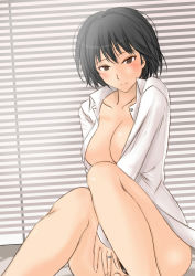1girl aged_up alternate_breast_size amagami ass black_hair blush bob_cut breasts brown_eyes cleavage dress_shirt engagement_ring female_focus jewelry murasaki_iro nanasaki_ai no_bra open_clothes open_shirt ornate_ring ring shirt short_hair sitting smile solo window window_blinds