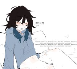 Rule 34 | 2girls, beamed eighth notes, black hair, bottomless, chappell roan, closed eyes, commentary, eighth note, english text, grey hoodie, hand on another&#039;s leg, highres, hood, hoodie, long hair, multicolored hair, multiple girls, musical note, navel, pockiseisont, simple background, speech bubble, sweat, tears, tribadism, two-tone hair, white background, yuri