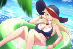 Rule 34 | 1girl, alternate costume, android, armor, axasempai, berkana (mega man), bikini, blonde hair, blue eyes, blue sky, bracelet, breastplate, breasts, capcom, chest jewel, choker jewel, hair over shoulder, hand on own face, hat, hat over one eye, headphones, highres, jewelry, joints, large breasts, light blush, light smile, long hair, mega man (series), mega man x (series), mega man xtreme 2, ocean, palm tree, pool float, purple bikini, purple hat, red lips, resting, robot, robot girl, robot joints, sideboob, sidelocks, sky, solo, swimsuit, tree, witch