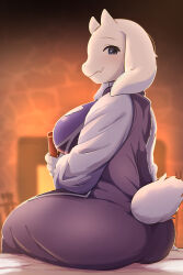 ass book breasts droopy_ears fangs furry furry_female highres horns huge_ass indoors large_breasts rumine_(yoshi1234567) snout tail toriel undertale white_horns