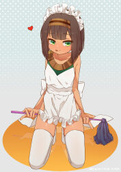 Rule 34 | 1girl, apron, artist name, astarte (surio), bare arms, bare shoulders, brown hair, chinese commentary, commentary request, dark-skinned female, dark skin, duster, female focus, frilled apron, frills, full body, gluteal fold, green eyes, hairband, heart, highres, holding, lady and the papyrus, looking at viewer, maid, maid apron, maid headdress, mountain han, polka dot, polka dot background, reflective floor, second-party source, short hair, sleeveless, solo, thighhighs, thighs, tongue, tongue out, waist apron, white apron, white thighhighs