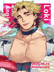 1boy absurdres bara blonde_hair character_name choker collarbone feeding hagiography highres large_pectorals loki_(housamo) male_focus out_of_frame pectorals pink_eyes sideburns solo_focus thick_eyebrows tokyo_houkago_summoners tongue tongue_out