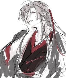 Rule 34 | 1boy, ahoge, artist name, black hanfu, chinese clothes, coat, collarbone, grey coat, hair down, hair ribbon, half updo, hand on own cheek, hand on own face, hanfu, head rest, highres, long hair, long sleeves, looking at viewer, male focus, mg ms dayo, modao zushi, official alternate costume, official alternate hairstyle, parted lips, partially colored, ponytail, red eyes, red ribbon, ribbon, sash, simple background, sketch, solo, twitter username, upper body, wei wuxian, wei wuxian (yiling laozu), white background, wide sleeves