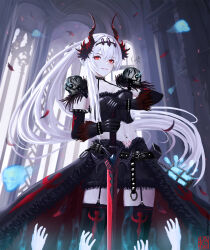 1girl armlet belt black_belt black_garter_straps black_gloves black_thighhighs bracelet breasts elbow_gloves fur-trimmed_skirt fur_trim garter_straps gloves hair_between_eyes haruyuki_(karem) highres holding holding_sword holding_weapon horns jewelry long_hair looking_at_viewer medium_breasts midriff navel navel_piercing original pale_skin piercing planted planted_sword planted_weapon ponytail red_eyes skirt skull solo_focus spiked_armlet spiked_bracelet spikes sword thighhighs weapon white_hair
