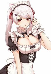 Rule 34 | 1girl, alternate hairstyle, animal ears, apron, black dress, bow, bowtie, breasts, cat ears, cleavage, dress, extra ears, frilled dress, frills, hair ornament, hairclip, hand up, highres, kushinaka, large breasts, long hair, looking at viewer, maid, maid apron, maid headdress, nijisanji, open mouth, red eyes, shiina yuika, shiina yuika (5th costume), short sleeves, simple background, solo, twintails, upper body, virtual youtuber, white background, white hair, wrist cuffs