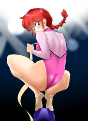 1girl absurdres ass athletic_leotard blue_eyes braid braided_ponytail commentary_request from_behind genderswap genderswap_(mtf) gymnastics half-soles highleg highleg_leotard highres leotard long_hair long_sleeves looking_at_viewer looking_back nanao_futaba pink_leotard ranma-chan ranma_1/2 red_hair rhythmic_gymnastics ribbon ribbon_baton single_braid solo squatting turnbuckle