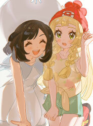 2girls absurdres black_hair blonde_hair blush braid closed_eyes cosplay costume_switch dress fua1heyvot4ifsr green_eyes green_shorts hat highres lillie_(pokemon) long_hair looking_at_another multiple_girls nintendo open_mouth pokemon pokemon_sm red_hat red_shoes selene_(pokemon) shirt shoes shorts simple_background sun_hat twin_braids upper_body white_background white_dress white_hat yellow_shirt