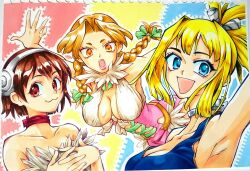 3girls aoi_saturday arm_up armpits bare_shoulders blonde_hair blue_eyes braid breasts brown_hair cleavage collarbone dr._stone hairband hanada_nikki highres kohaku_(dr._stone) large_breasts long_hair multiple_girls ogawa_yuzuriha open_mouth red_eyes short_hair smile twin_braids yellow_eyes
