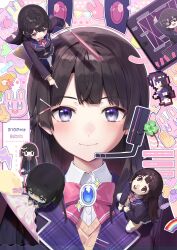 Rule 34 | 1girl, absurdres, animegao, baseball bat, black hair, black jacket, blazer, blue eyes, bow, bowtie, character mask, clover, cosplay, four-leaf clover, grid background, hair ornament, hairclip, headset, highres, holding, holding baseball bat, jacket, kigurumi, long hair, looking at viewer, mask, multiple views, nazono mito, nezumidoshi, nijisanji, pink bow, pixel art inset, portrait, rabbit, rainbow, school uniform, smile, sunglasses, tsukino mito, virtual youtuber