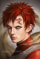 Rule 34 | 1boy, artist name, character name, closed mouth, commentary, deviantart username, english commentary, forehead tattoo, gaara (naruto), green eyes, highres, keja blank, looking at viewer, male focus, naruto, naruto (series), realistic, red hair, sand, short hair, signature, solo, tattoo, watermark, web address