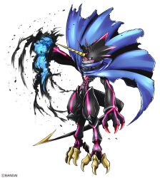 Rule 34 | black scales, black sclera, blue cape, blue fire, cape, chest jewel, colored sclera, digimon, digimon (creature), digimon ghost game, fire, full body, gulusgammamon, horns, official art, simple background, white background, yellow eyes