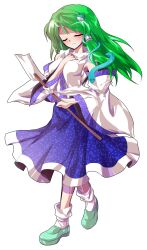 Rule 34 | 1girl, alphes (style), blue skirt, blush, commentary request, dairi, detached sleeves, full body, gohei, green hair, green shoes, hair ornament, holding, holding gohei, kochiya sanae, large variant set, long hair, long skirt, long sleeves, parody, shirt, shoes, skirt, snake hair ornament, socks, solo, style parody, tachi-e, touhou, transparent background, variant set, white socks, wide sleeves