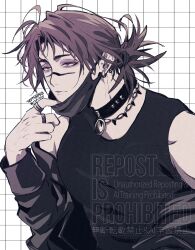 1boy artist_name bags_under_eyes black_jacket black_mask black_tank_top brown_hair choso_(jujutsu_kaisen) grid_background hair_tie hollow_eyes jacket jacket_partially_removed jewelry jujutsu_kaisen low_ponytail male_focus mask mask_pull mouth_mask multiple_rings parted_bangs ponytail ring scar scar_on_face scar_on_nose solo studded_choker tank_top ttnoooo twitter_username upper_body