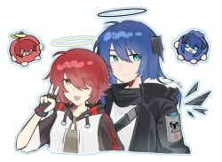 2girls :d arknights black_gloves black_halo black_horns blue_eyes blue_hair blue_outline chibi chibi_inset chinese_commentary closed_mouth commentary_request cropped_torso detached_wings exusiai_(arknights) eyes_visible_through_hair fang fingerless_gloves gloves hair_between_eyes hair_over_one_eye halo hand_up horns looking_at_viewer medium_hair mostima_(arknights) multiple_girls open_mouth orange_eyes outline red_hair short_hair simple_background skin_fang smile traditional_halo v white_background wings xiaoqi8700 yellow_halo