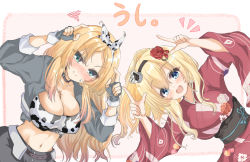 2girls animal_print bandeau black_hairband blonde_hair blue_eyes braid breasts cleavage commentary_request cow_print crown floral_print fusion_dance grey_skirt hairband half_up_braid horns_pose japanese_clothes kantai_collection kasashi_(kasasi008) kimono large_breasts long_hair looking_at_viewer midriff mini_crown miniskirt multiple_girls navel nelson_(kancolle) official_alternate_costume red_kimono skirt warspite_(kancolle) warspite_(new_year)_(kancolle) white_hairband