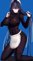 1girl absurdres adapted_costume apron black_bodysuit black_hair blue_background blue_eyes bodysuit braid breasts covered_abs erasorpepero hair_ribbon hat highres hololive hololive_english huge_breasts large_breasts long_hair low_twin_braids maid_apron mob_cap ouro_kronii ouro_kronii_(maid) ribbon solo toned toned_female twin_braids virtual_youtuber white_ribbon