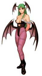 1girl absurdres animal_print aqua_hair arms_behind_back arms_up bare_shoulders bat_print bat_wings breasts bridal_gauntlets capcom_vs_snk cleavage darkstalkers demon_girl facing_to_the_side fur-trimmed_leotard fur_trim game_cg green_eyes green_hair hand_on_own_ass head_wings heart highleg highleg_leotard highres large_breasts leotard lips long_hair looking_back mori_toshiaki morrigan_aensland non-web_source off-shoulder_leotard official_art pantyhose parted_lips print_pantyhose purple_pantyhose purple_wings simple_background smile solo standing teeth upper_teeth_only wings