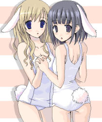 2girls animal_ears artist_collaboration from_behind bare_shoulders black_eyes black_hair blonde_hair blue_eyes bob_cut chimaro fake_animal_ears holding_hands interlocked_fingers kakifly light_blush long_hair looking_at_viewer maria-sama_ga_miteru multiple_girls nijou_noriko one-piece_swimsuit open_mouth rabbit_ears rabbit_tail striped_background swimsuit tail toudou_shimako white_one-piece_swimsuit