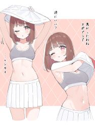 1girl bra breasts clothes_lift medium_breasts navel nill_arts one_eye_closed short_hair skirt tagme translation_request underwear wink