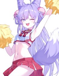 1girl absurdres ahoge arm_up armpits bare_arms bare_shoulders blue_eyes cheerleader choker cone_hair_bun cowboy_shot crop_top crop_top_overhang fang fox_tail hair_bun hair_ornament hair_rings hand_up highres holding holding_pom_poms long_hair looking_at_viewer midriff miniskirt navel one_eye_closed open_mouth pleated_skirt pom_pom_(cheerleading) pom_pom_(clothes) pom_pom_hair_ornament pom_poms purple_hair red_choker red_skirt shirt simple_background skirt sleeveless sleeveless_shirt smile solo stellive stomach tail tenko_shibuki very_long_hair virtual_youtuber white_background white_shirt yioro