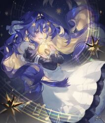 Rule 34 | 1girl, :d, absurdres, apron, beamed eighth notes, black dress, black hairband, blonde hair, blue eyes, blue hair, crossed arms, dress, eighth note, feet out of frame, frilled apron, frills, hair intakes, hair ornament, hairband, hands up, highres, hugging object, long hair, medium dress, musical note, musical staff, open mouth, pantyhose, quarter note, reverse:1999, school uniform, smile, snowmint, solo, soviet school uniform, star (symbol), star hair ornament, star symbol background, teeth, voyager (reverse:1999), voyager golden record, white apron, white pantyhose