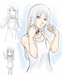 barefoot chibi choker cing dress grey_eyes hotel_dusk long_hair mila_evans smile white_hair