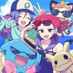 Rule 34 | 1boy, 1girl, baseball cap, beach, blue eyes, closed eyes, gen 1 pokemon, gen 2 pokemon, gen 7 pokemon, hair bun, hat, highres, james (pokemon), jessie (pokemon), looking at viewer, mareanie, meowth, mimikyu, nintendo, pokemon, pokemon (anime), pokemon (creature), purple hair, red hair, selfie, shirt, sunglasses, t-shirt, team rocket, wobbuffet, yunyun n23