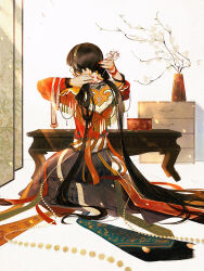 1girl arms_behind_head beads black_hair box branch chest_of_drawers chinese_clothes chinese_commentary flower folding_screen fringe_trim from_behind grey_skirt hair_ornament hair_rings hair_stick hairband hairdressing highres jewelry lipstick long_hair long_sleeves makeup original putting_on_jewelry qingfengche red_lips red_nails red_shirt seiza shirt sitting skirt solo table unworn_hair_ornament vase very_long_hair white_background white_flower yunjian