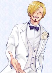 1boy ^_^ blonde_hair closed_eyes cowboy_shot curly_eyebrows facial_hair goatee hair_over_one_eye hashtag-only_commentary highres ko_tori0 male_focus mustache one_piece sanji_(one_piece) short_hair solo tuxedo vest white_vest