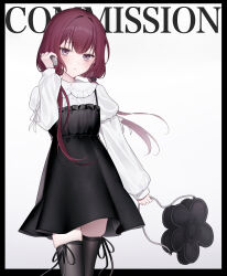 1girl absurdres arm_ribbon arm_up bag black_bag black_border black_dress black_ribbon black_thighhighs border commentary_request commission cowboy_shot dress grey_eyes hair_ornament handbag heart heart_hair_ornament highres holding holding_phone kumo_tabetai leg_ribbon light_blush long_hair long_sleeves looking_at_viewer low_twintails parted_lips phone red_hair ribbon shirt simple_background slit_pupils solo standing teeth thigh_ribbon thighhighs twintails white_background white_ribbon white_shirt zettai_ryouiki