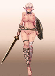 1girl absurdres akina_t bar_censor blue_eyes blush breasts censored dirty dirty_face dirty_feet female_focus full_body highres large_breasts long_hair looking_at_viewer nipples simple_background solo standing warrior weapon white_hair