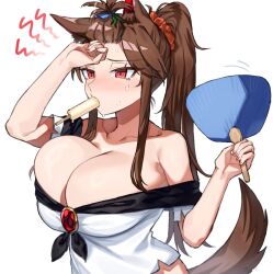 Rule 34 | 1girl, animal ears, biting, breasts, brooch, brown hair, cleavage, dress, food, hand fan, high ponytail, holding, holding fan, imaizumi kagerou, jewelry, large breasts, long hair, ponytail, popsicle, red eyes, solo, suminagashi, sweat, touhou, white background, wolf ears, wolf girl