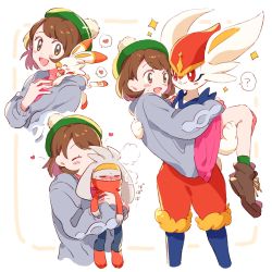 1girl ? blush bob_cut boots brown_eyes brown_footwear brown_hair cardigan cinderace closed_eyes commentary_request creatures_(company) dress evolutionary_line game_freak gen_8_pokemon gloria_(pokemon) green_headwear green_legwear grey_cardigan hat heart highres holding holding_pokemon hood hooded_cardigan koeda_(k83_4) multiple_views nintendo on_shoulder open_mouth pink_dress pokemon pokemon_(creature) pokemon_on_shoulder pokemon_swsh raboot scorbunny short_hair smile socks spoken_heart spoken_question_mark tam_o&#039;_shanter tongue