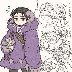 1girl 2boys black_hair black_hanbok black_leggings can e.g.o_(project_moon) electric_screaming_(e.g.o) electricity gem gregor_(project_moon) hanbok highres holding holding_can horns korean_clothes leggings limbus_company looking_at_viewer male_focus meursault_(project_moon) multiple_boys project_moon purple_eyes purple_gemstone rodion_(project_moon) sheep_horns short_hair simple_background solo_focus standing teryaa125 upper_body white_background wool zzz