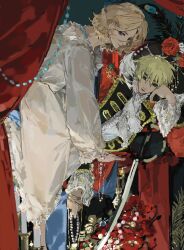 Rule 34 | 2boys, absurdres, ascot, axis powers hetalia, blonde hair, coat, crossdressing, dress, facial hair, flower, france (hetalia), gem, goatee stubble, green eyes, highres, jewelry, jingyuhe711, looking at viewer, looking back, male focus, multiple boys, pirate, plume, purple eyes, shirt, short hair, smile, stubble, sword, thick eyebrows, united kingdom (hetalia), weapon, yaoi