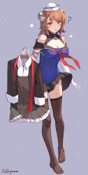 1girl :o ? absurdres artist_name bare_shoulders black_skirt blush breasts brown_eyes brown_hair brown_thighhighs cleavage clothes_hanger commentary cosplay dixie_cup_hat elbow_gloves full_body gloves hat headgear highres himeyamato holding holding_clothes_hanger kantai_collection large_breasts looking_at_viewer medium_hair military_hat miniskirt name_connection neckerchief no_shoes parted_lips pleated_skirt red_neckerchief richard_p._leary_(kancolle) richard_p._leary_kai_(kancolle) sailor_collar school_uniform serafuku signature simple_background skirt soles solo standing star_(symbol) thighhighs unworn_clothes white_gloves white_hat yuugure_(kancolle) yuugure_(kancolle)_(cosplay)