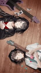 2girls 5-string_bass_guitar age_progression bang_dream! bang_dream!_it&#039;s_mygo!!!!! bass_guitar black_choker black_jacket blue_eyes breasts chain chain_necklace choker cleavage commentary_request ear_piercing earrings extended_range_bass_guitar feiyu30903448 highres hugging_object instrument jacket jewelry language_request lying medium_hair multiple_girls necklace o-ring o-ring_choker on_back open_mouth piercing red_shirt shirt short_hair white_shirt yahata_umiri