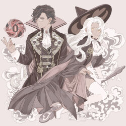 Rule 34 | 1boy, 1girl, alternate costume, ascot, belt, black belt, black hair, black nails, brooch, brown background, brown cape, brown capelet, brown coat, brown hat, brown skirt, brown vest, cape, capelet, closed mouth, coat, coffee bean print, coffee beans, colored eyelashes, cookie run, cookie run: kingdom, cropped legs, curtained hair, dark-skinned female, dark-skinned male, dark skin, espresso cookie, foot out of frame, glasses, gloves, gold trim, grey eyes, hair behind ear, hair between eyes, hair over one eye, hand up, hat, high-waist skirt, high heels, holding, holding spoon, humanization, jewelry, korean commentary, lapels, latte cookie, long hair, long skirt, long sleeves, looking at object, looking at viewer, looking to the side, magic, mandarin collar, mystical high collar, open clothes, open coat, oversized object, parted lips, pince-nez, round eyewear, shirt, shoes, short hair, side-by-side, side slit, skirt, sleeve cuffs, slothm22, smile, smoke, spoon, swept bangs, thighhighs, unconventional broom, very long hair, vest, white ascot, white gloves, white hair, white shirt, white shoes, white thighhighs, witch hat, yellow eyes