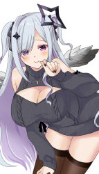 1girl absurdres amane_konata black_bow black_nails black_sweater black_thighhighs bow breasts cable_knit cleavage_cutout closed_mouth clothing_cutout diamond_hair_ornament grey_hair hair_bow halo highres hololive large_breasts long_hair looking_at_viewer meme_attire minase_akira nail_polish purple_eyes smile solo star_halo sweater thighhighs turtleneck turtleneck_sweater very_long_hair virgin_killer_sweater virtual_youtuber