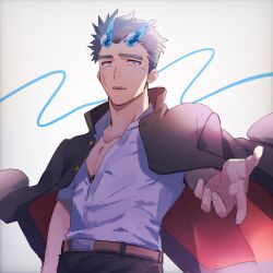 1boy black_hair blue_fire collarbone fiery_horns fingernails fire hagiography highres horns jacket jacket_on_shoulders looking_at_viewer male_focus offering_hand parted_lips pectoral_cleavage pectorals sakimori_toji scar scar_on_face shirt short_hair solo tokyo_houkago_summoners upper_body white_shirt