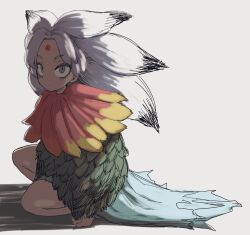 1girl barefoot blue_skirt closed_mouth commentary_request expressionless forehead_tattoo full_body grey_eyes highres houjuu_chimi leaf_clothing long_hair looking_at_viewer shika_miso simple_background skirt solo squatting touhou v-shaped_eyebrows white_background white_hair