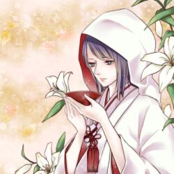 1girl blue_eyes closed_mouth cup flower holding holding_cup japanese_clothes kimono lily_(flower) medium_hair nico_robin one_piece pink_lips shiromuku solo uchikake upper_body white_kimono wide_sleeves yuri_kohi