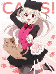 1girl animal_hat black_hat black_shirt black_shoes black_skirt blonde_hair blush bow bowtie cat cat_hat commentary_request fang grey_thighhighs hat highres holding kisaragi_hina long_hair long_sleeves looking_at_viewer natori_sana open_mouth pantyhose red_bow red_bowtie red_eyes red_vest sana_channel shirt shoes skin_fang skirt solo thighhighs vest virtual_youtuber waistcoat