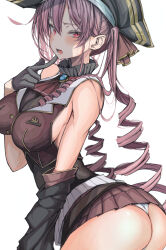 1girl absurdres ass bare_shoulders bicorne blush breasts choker cleavage dress drill_hair frilled_choker frills gloves hair_ribbon hat heterochromia highres hololive houshou_marine jacket kokutamotsu large_breasts long_hair looking_at_viewer open_mouth panties pleated_skirt red_eyes red_hair red_jacket red_ribbon red_skirt ribbon see-through_clothes see-through_cleavage skirt sleeveless sleeveless_dress solo sweat twin_drills twintails underwear virtual_youtuber yellow_eyes