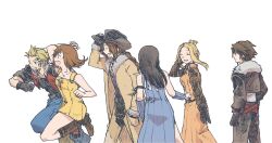 belt black_gloves black_hair black_jacket black_pants blonde_hair brown_hair closed_mouth detached_sleeves dress final_fantasy final_fantasy_viii fur-trimmed_jacket fur_trim gloves irvine_kinneas jacket jewelry long_hair michibata_65 multiple_boys multiple_girls necklace open_mouth pants protected_link quistis_trepe rinoa_heartilly selphie_tilmitt shirt short_hair simple_background skirt smile squall_leonhart white_background white_shirt zell_dincht