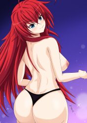1girl absurdres ahoge artist_name ass back black_panties blue_eyes blush breasts bryaxrt crossed_bangs dimples_of_venus female_focus from_behind hair_between_eyes high_school_dxd highres huge_ahoge large_breasts long_hair looking_at_viewer looking_back nipples panties red_hair rias_gremory signature smile solo thong topless_female underwear underwear_only very_long_hair