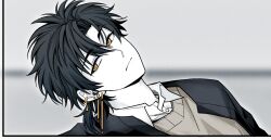 1boy black_border black_hair black_jacket border cheng_xiaoshi closed_mouth collared_shirt dsarl995595 ear_piercing earrings grey_background hair_between_eyes head_tilt highres jacket jewelry looking_at_viewer low_ponytail male_focus official_alternate_costume open_clothes open_collar open_jacket partially_colored piercing ponytail shiguang_dailiren shirt short_hair short_ponytail solo sweater upper_body white_shirt yellow_eyes yellow_sweater