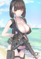 Rule 34 | absurdres, bandolier, belt, bikini, black bikini, black gloves, blue sky, breasts, brown eyes, brown hair, colt 9mm smg, day, girls&#039; frontline, gloves, gun, highres, holding, holding gun, holding weapon, large breasts, martinreaction, ocean, ro635 (girls&#039; frontline), sky, submachine gun, swimsuit, water, weapon